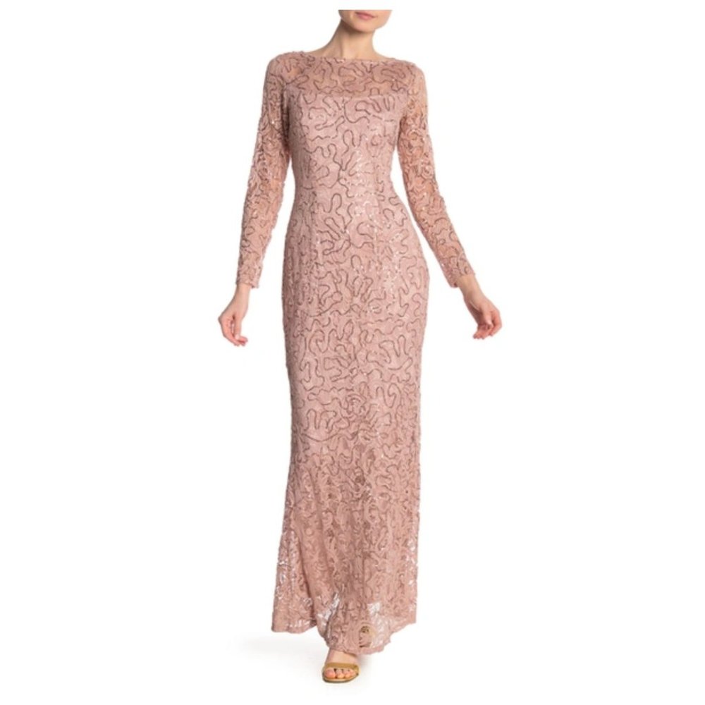 NWT Marina Nordstrom Long Sleeve Maxi Sequin Crochet Lace Dress Gown sz 12
